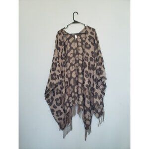 Cato Womens One Size Cardigan Dark Leopard Print Pull On Fringe Spring Gray